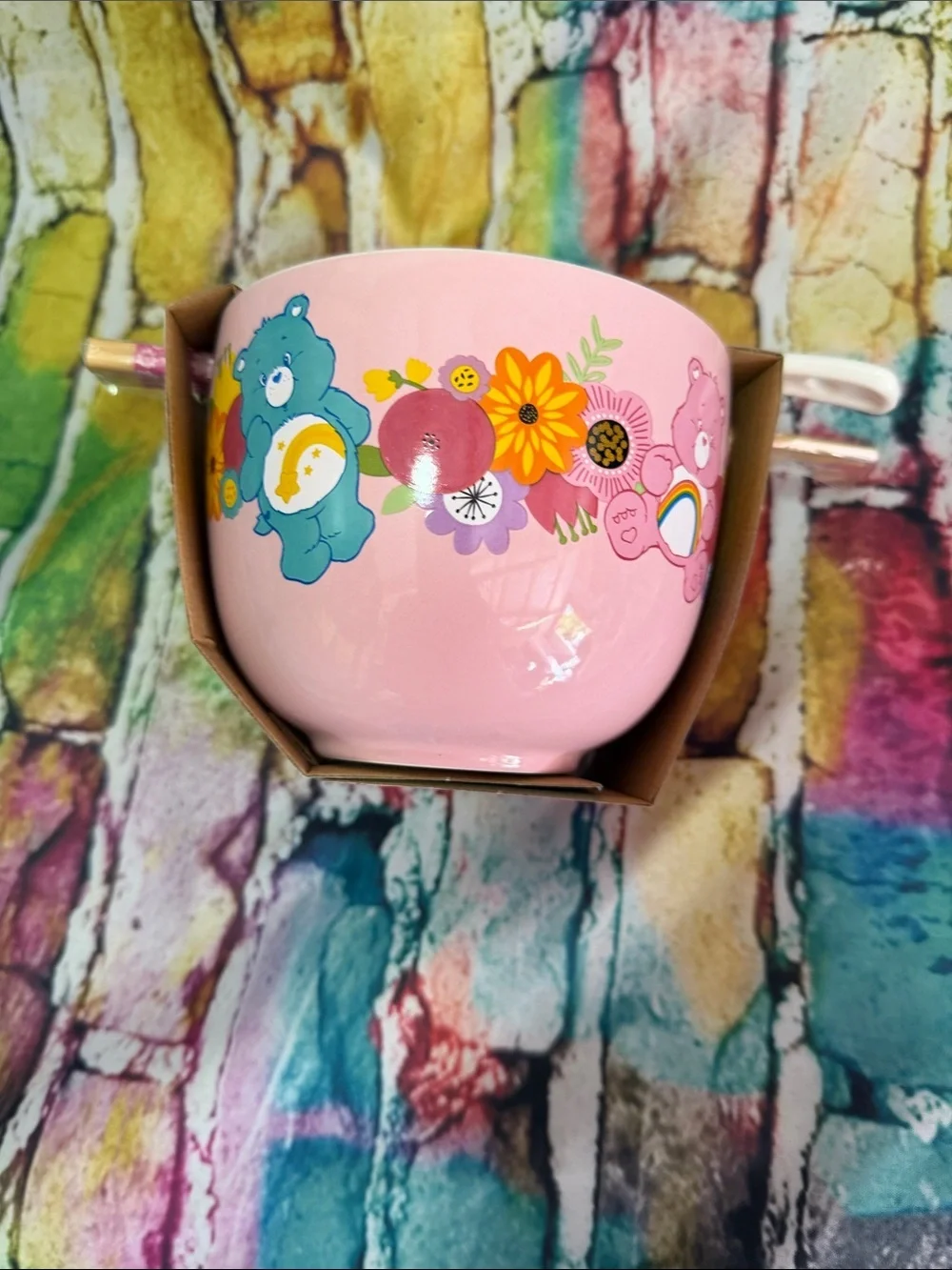 Care Bears White Ceramic Bowl Set with Pink Accent Spoon and Chopsticks